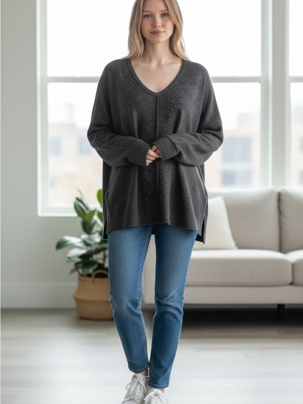 Zenana Outfitters Charcoal V-Neck Center Seam Knit Sweater Shirt